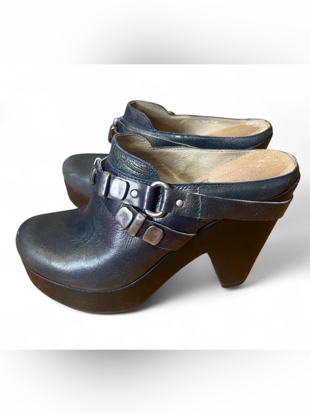 Bernardo Black Leather Platform Clog Mules with Buckle Accents